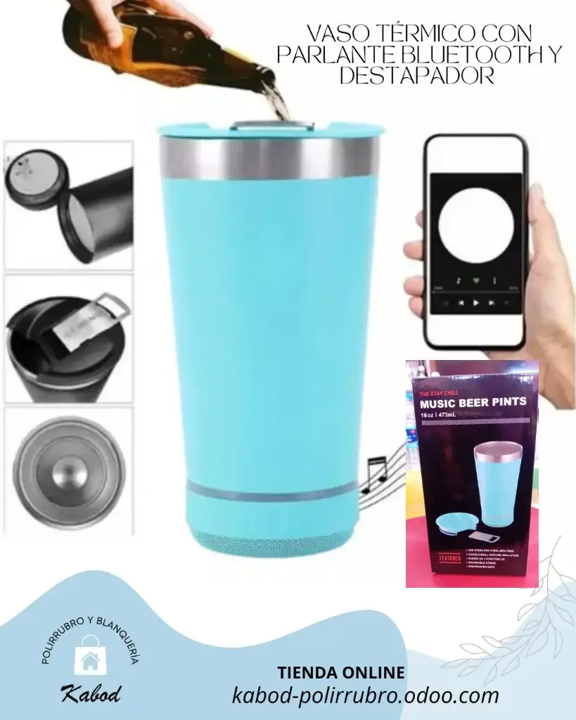 Vaso térmico con parlante Bluetooth y destapador