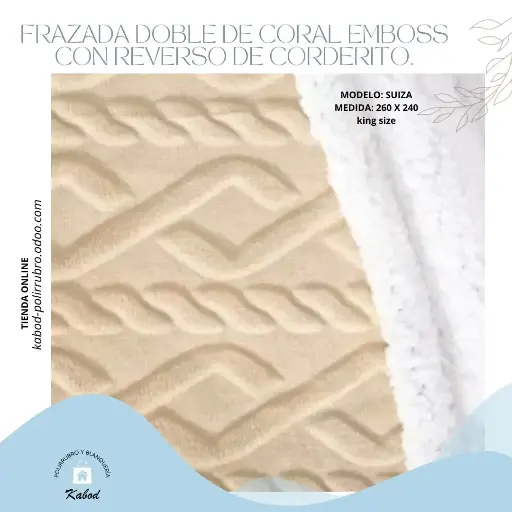 FRAZADA DOBLE DE CORAL EMBOSS CON REVERSO DE CORDERITO. KING SIZE